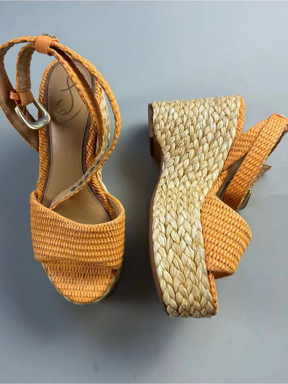 Sam Edelman April Raffia Platform Wedge Espadrille Sandals Marigold Orange 7.5
